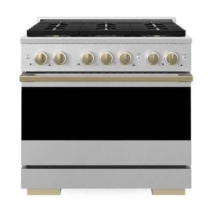 ZLINE Autograph 36 in. 5.2 cu. ft. Marino Gas Range with 6 Burner DuoPro™ Cooktop and Gas Oven in Satin Stainless Steel and Champagne Bronze Accents, PMGRSZ-36-CB - Front View