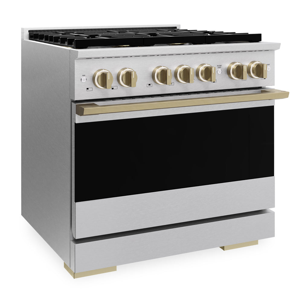 ZLINE Autograph 36 in. 5.2 cu. ft. Marino Gas Range with 6 Burner DuoPro™ Cooktop and Gas Oven in Satin Stainless Steel and Champagne Bronze Accents, PMGRSZ-36-CB - Side View