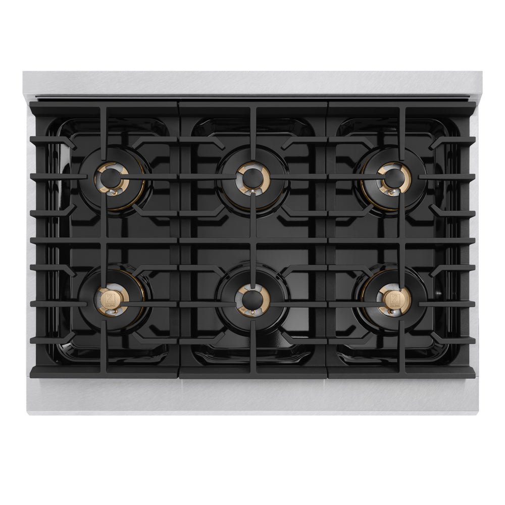 ZLINE Autograph 36 in. 5.2 cu. ft. Marino Gas Range with 6 Burner DuoPro™ Cooktop and Gas Oven in Satin Stainless Steel and Champagne Bronze Accents, PMGRSZ-36-CB - Top-Down View