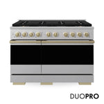ZLINE Autograph 48 in. 6.7 cu. ft. Marino Gas Range with 8 Burner DuoPro™ Cooktop and Dual Ovens in Satin Stainless Steel and Champagne Bronze Accents, PMGRSZ-48-CB - Front Hero View with Logo