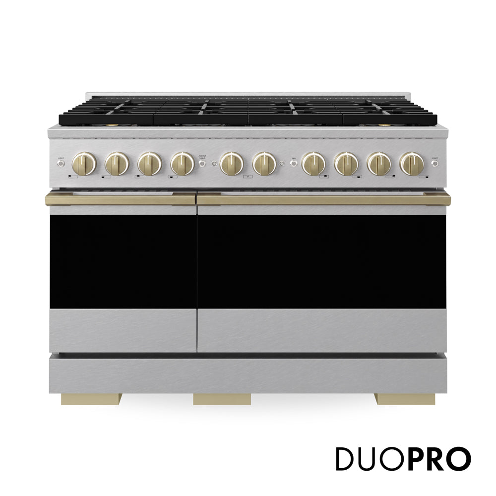 ZLINE Autograph 48 in. 6.7 cu. ft. Marino Gas Range with 8 Burner DuoPro™ Cooktop and Dual Ovens in Satin Stainless Steel and Champagne Bronze Accents, PMGRSZ-48-CB - Front Hero View with Logo