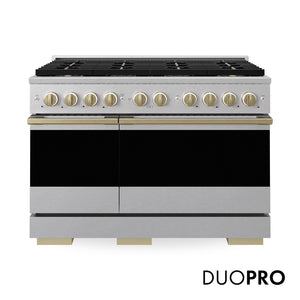 ZLINE Autograph 48 in. 6.7 cu. ft. Marino Gas Range with 8 Burner DuoPro™ Cooktop and Dual Ovens in Satin Stainless Steel and Champagne Bronze Accents, PMGRSZ-48-CB - Front Hero View with Logo
