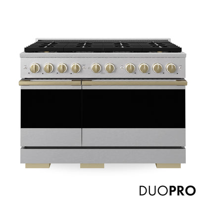 ZLINE Autograph 48 in. 6.7 cu. ft. Marino Gas Range with 8 Burner DuoPro™ Cooktop and Dual Ovens in Satin Stainless Steel and Champagne Bronze Accents, PMGRSZ-48-CB - Front Hero View with Logo