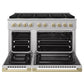 ZLINE Autograph 48 in. 6.7 cu. ft. Marino Gas Range with 8 Burner DuoPro™ Cooktop and Dual Ovens in Satin Stainless Steel and Champagne Bronze Accents, PMGRSZ-48-CB - Front View with Oven Door Open