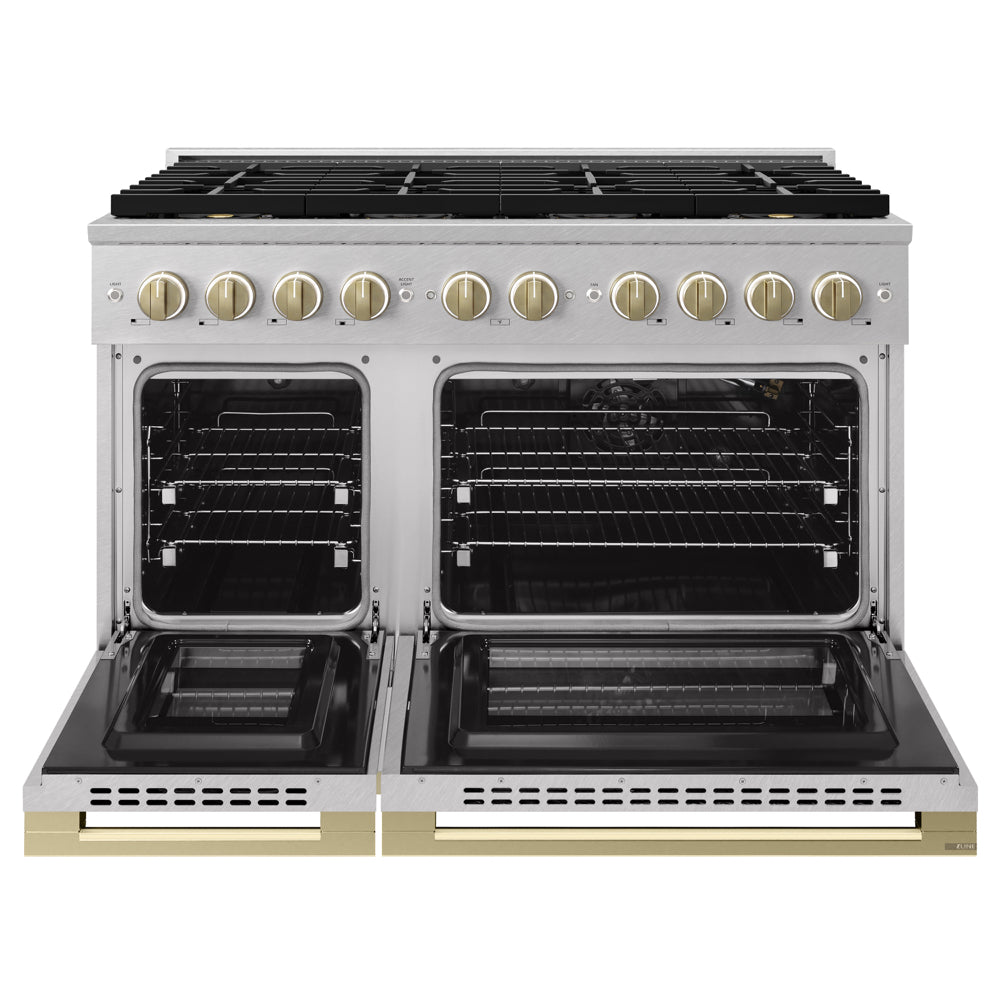 ZLINE Autograph 48 in. 6.7 cu. ft. Marino Gas Range with 8 Burner DuoPro™ Cooktop and Dual Ovens in Satin Stainless Steel and Champagne Bronze Accents, PMGRSZ-48-CB - Front View with Oven Door Open