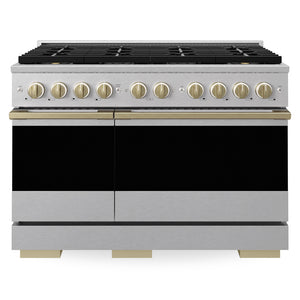 ZLINE Autograph 48 in. 6.7 cu. ft. Marino Gas Range with 8 Burner DuoPro™ Cooktop and Dual Ovens in Satin Stainless Steel and Champagne Bronze Accents, PMGRSZ-48-CB - Front View