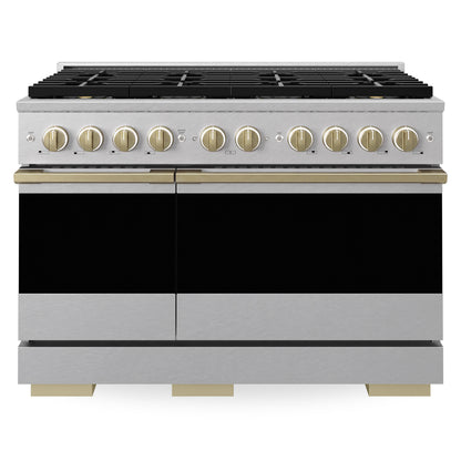 ZLINE Autograph 48 in. 6.7 cu. ft. Marino Gas Range with 8 Burner DuoPro™ Cooktop and Dual Ovens in Satin Stainless Steel and Champagne Bronze Accents, PMGRSZ-48-CB - Front View