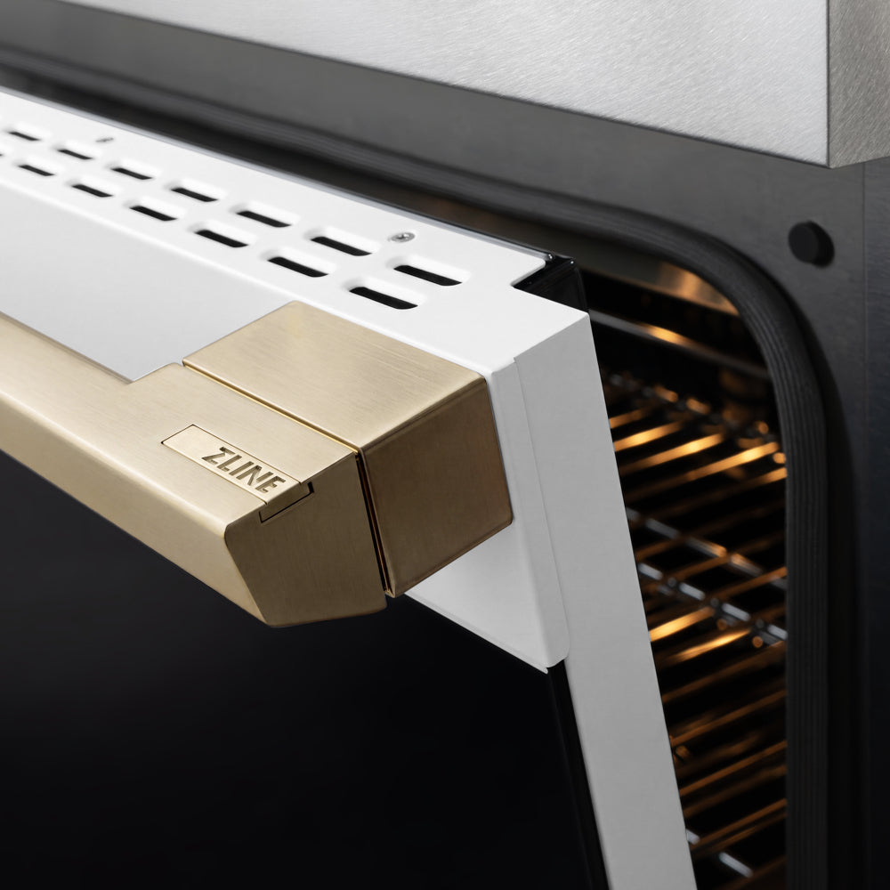 ZLINE Autograph 48 in. 6.7 cu. ft. Marino Gas Range with 8 Burner DuoPro™ Cooktop and Dual Ovens in Satin Stainless Steel with White Matte Doors and Champagne Bronze Accents, PMGRSZ-WM-48-CB - Handle Detail