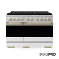 ZLINE Autograph 48 in. 6.7 cu. ft. Marino Gas Range with 8 Burner DuoPro™ Cooktop and Dual Ovens in Satin Stainless Steel with White Matte Doors and Champagne Bronze Accents, PMGRSZ-WM-48-CB - Front Hero View with Logo