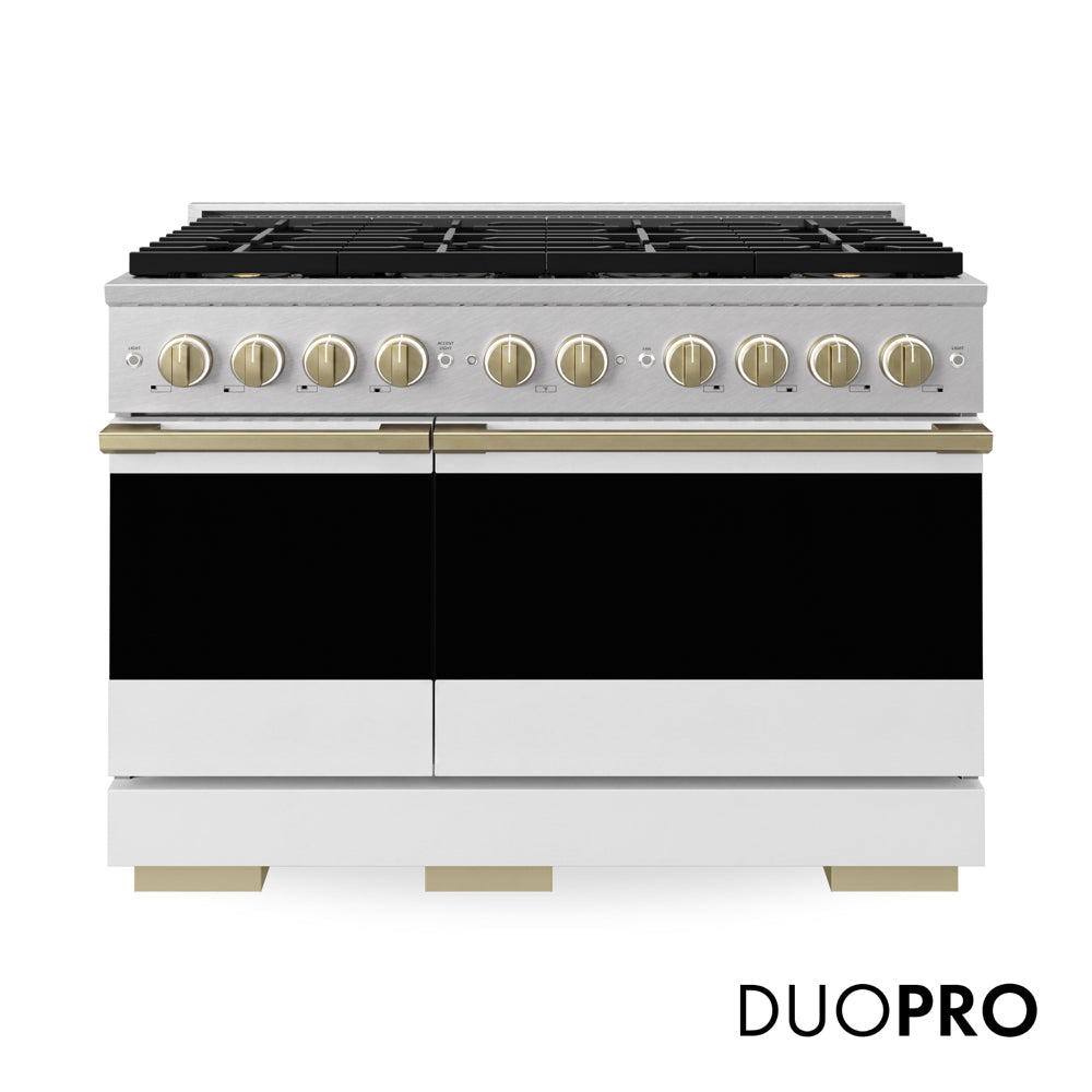 ZLINE Autograph 48 in. 6.7 cu. ft. Marino Gas Range with 8 Burner DuoPro™ Cooktop and Dual Ovens in Satin Stainless Steel with White Matte Doors and Champagne Bronze Accents, PMGRSZ-WM-48-CB - Front Hero View with Logo
