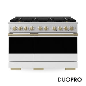 ZLINE Autograph 48 in. 6.7 cu. ft. Marino Gas Range with 8 Burner DuoPro™ Cooktop and Dual Ovens in Satin Stainless Steel with White Matte Doors and Champagne Bronze Accents, PMGRSZ-WM-48-CB - Front Hero View with Logo