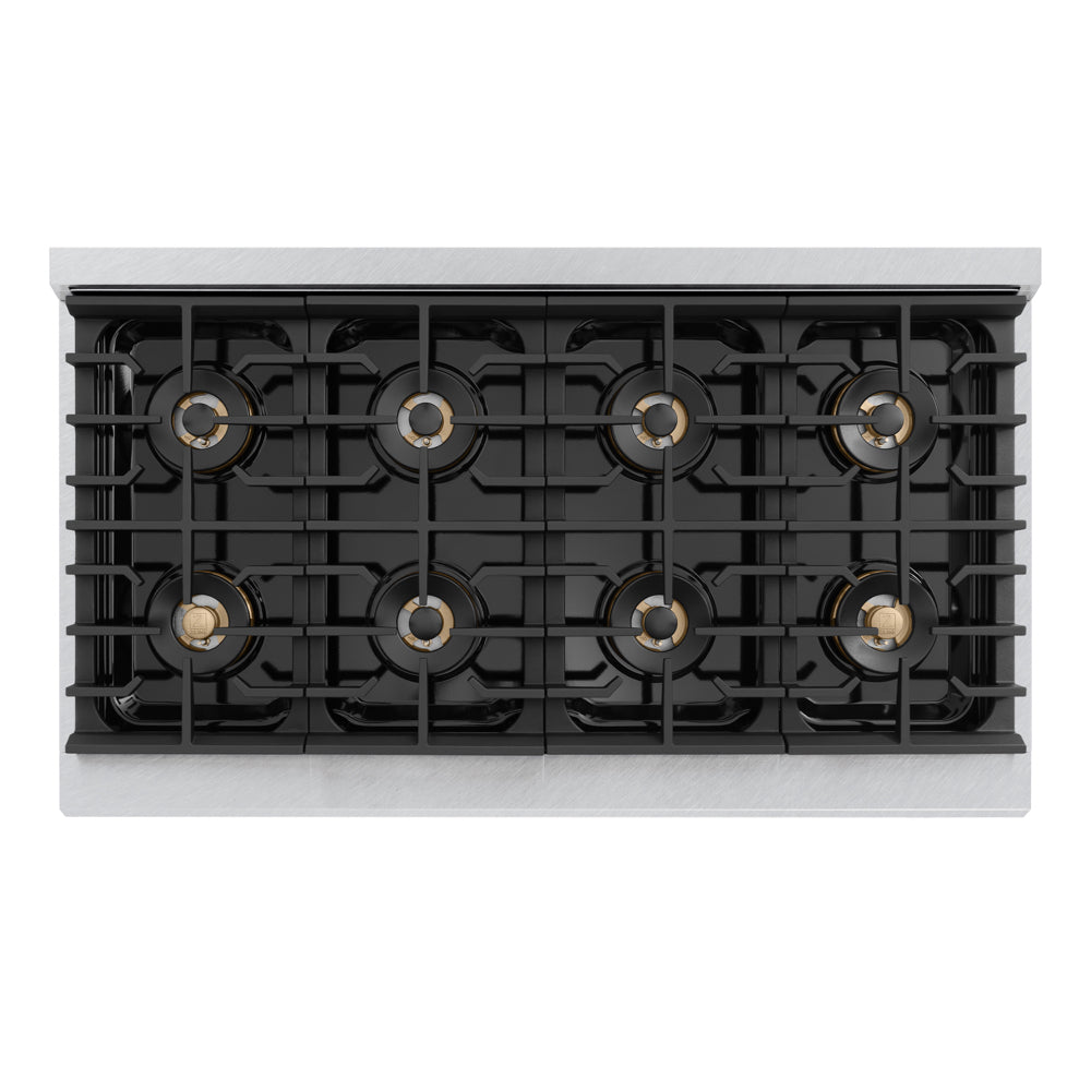 ZLINE Autograph 48 in. 6.7 cu. ft. Marino Gas Range with 8 Burner DuoPro™ Cooktop and Dual Ovens in Satin Stainless Steel with White Matte Doors and Champagne Bronze Accents, PMGRSZ-WM-48-CB - Top-Down View