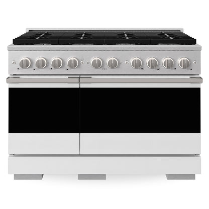 ZLINE Marino 48-Inch 6.7 cu. ft. Dual Fuel Range, 8 Burners, Double Oven, Convection Oven, Reversible Griddle, Satin Stainless Steel with White Matte Door, MDRS-WM-48