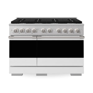 ZLINE Marino 48-Inch 6.7 cu. ft. Gas Range, 8 Burners, Double Oven, Convection Oven, Reversible Griddle, Satin Stainless Steel with White Matte Door, MGRS-WM-48