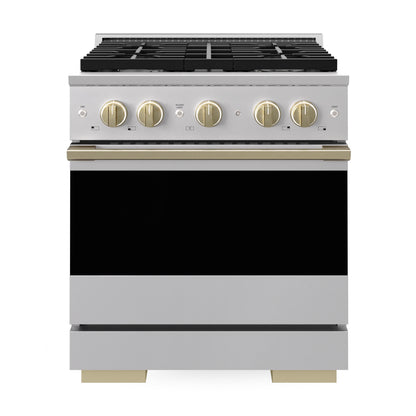 ZLINE Marino Autograph Edition 30-Inch 4.2 cu. ft. Dual Fuel Range, 4 Brass Burners, Convection Oven, Stainless Steel with Champagne Bronze Accents, MDRZ-30-CB