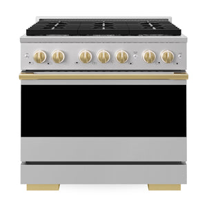 ZLINE Marino Autograph Edition 36-Inch 5.2 cu. ft. Dual Fuel Range, 6 Brass Burners, Convection Oven, Stainless Steel with Polished Gold Accents, MDRZ-36-G