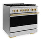 ZLINE Marino Autograph Edition 36-Inch 5.2 cu. ft. Dual Fuel Range, 6 Brass Burners, Convection Oven, Stainless Steel with Polished Gold Accents, MDRZ-36-G