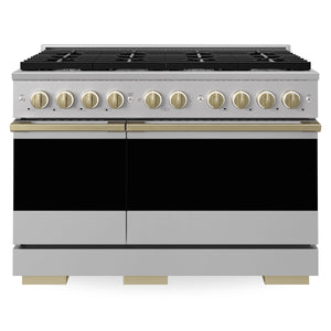ZLINE Marino Autograph Edition 48-Inch 6.7 cu. ft. Dual Fuel Range, 8 Brass Burners, Double Oven, Convection Oven, Reversible Griddle, Stainless Steel with Champagne Bronze Accents, MDRZ-48-CB
