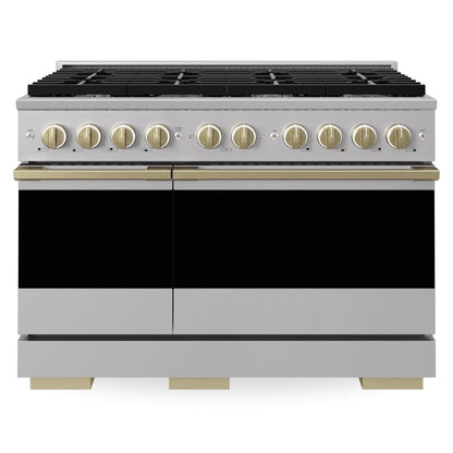 ZLINE Marino Autograph Edition 48-Inch 6.7 cu. ft. Dual Fuel Range, 8 Brass Burners, Double Oven, Convection Oven, Reversible Griddle, Stainless Steel with Champagne Bronze Accents, MDRZ-48-CB