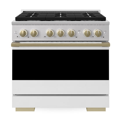 ZLINE Marino Autograph Edition 36-Inch 5.2 cu. ft. Dual Fuel Range, 6 Brass Burners, Convection Oven, Stainless Steel with White Matte Door and Champagne Bronze Accents, MDRZ-WM-36-CB