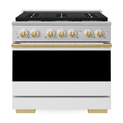 ZLINE Marino Autograph Edition 36-Inch 5.2 cu. ft. Dual Fuel Range, 6 Brass Burners, Convection Oven, Stainless Steel with White Matte Door and Polished Gold Accents, MDRZ-WM-36-G