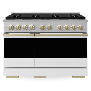ZLINE Marino Autograph Edition 48-Inch 6.7 cu. ft. Dual Fuel Range, 8 Brass Burners, Double Oven, Convection Oven, Reversible Griddle, Stainless Steel with White Matte Door and Champagne Bronze Accents, MDRZ-WM-48-CB