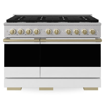 ZLINE Marino Autograph Edition 48-Inch 6.7 cu. ft. Dual Fuel Range, 8 Brass Burners, Double Oven, Convection Oven, Reversible Griddle, Stainless Steel with White Matte Door and Champagne Bronze Accents, MDRZ-WM-48-CB