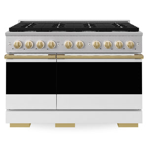 ZLINE Marino Autograph Edition 48-Inch 6.7 cu. ft. Dual Fuel Range, 8 Brass Burners, Double Oven, Convection Oven, Reversible Griddle, Stainless Steel with White Matte Door and Polished Gold Accents, MDRZ-WM-48-G