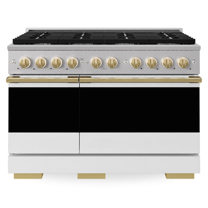 ZLINE Marino Autograph Edition 48-Inch 6.7 cu. ft. Dual Fuel Range, 8 Brass Burners, Double Oven, Convection Oven, Reversible Griddle, Stainless Steel with White Matte Door and Polished Gold Accents, MDRZ-WM-48-G