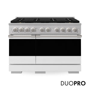 ZLINE 48 in. 6.7 cu. ft. Marino Dual Fuel Range with 8 Burner DuoPro™ Cooktop and Dual Ovens with White Matte Doors, PMDR-WM-48 - Front Hero View with Logo
