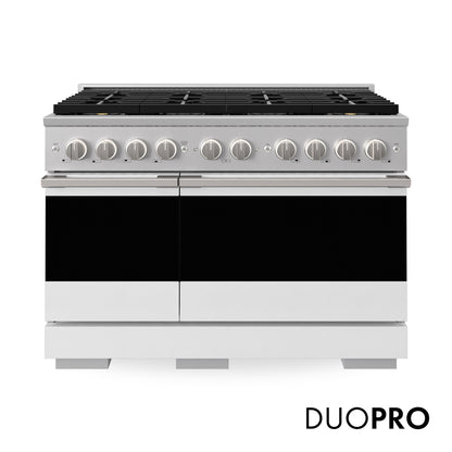 ZLINE 48 in. 6.7 cu. ft. Marino Dual Fuel Range with 8 Burner DuoPro™ Cooktop and Dual Ovens with White Matte Doors, PMDR-WM-48 - Front Hero View with Logo