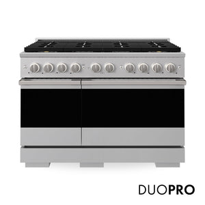 ZLINE Marino 48-Inch 6.7 cu. ft. Dual Fuel Range, 8 Brass Burner DuoPro™ Cooktop, Double Oven, Convection Oven, Reversible Griddle, Stainless Steel, PMDR48