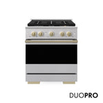 ZLINE Autograph 30 in. 4.2 cu. ft. Marino Dual Fuel Range with 4 Burner DuoPro™ Cooktop and Electric Convection Oven in Stainless Steel and Champagne Bronze Accents, PMDRZ-30-CB - Front Hero View with Logo