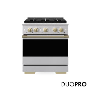 ZLINE Autograph 30 in. 4.2 cu. ft. Marino Dual Fuel Range with 4 Burner DuoPro™ Cooktop and Electric Convection Oven in Stainless Steel and Champagne Bronze Accents, PMDRZ-30-CB - Front Hero View with Logo
