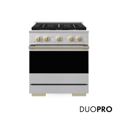 ZLINE Autograph 30 in. 4.2 cu. ft. Marino Dual Fuel Range with 4 Burner DuoPro™ Cooktop and Electric Convection Oven in Stainless Steel and Champagne Bronze Accents, PMDRZ-30-CB - Front Hero View with Logo