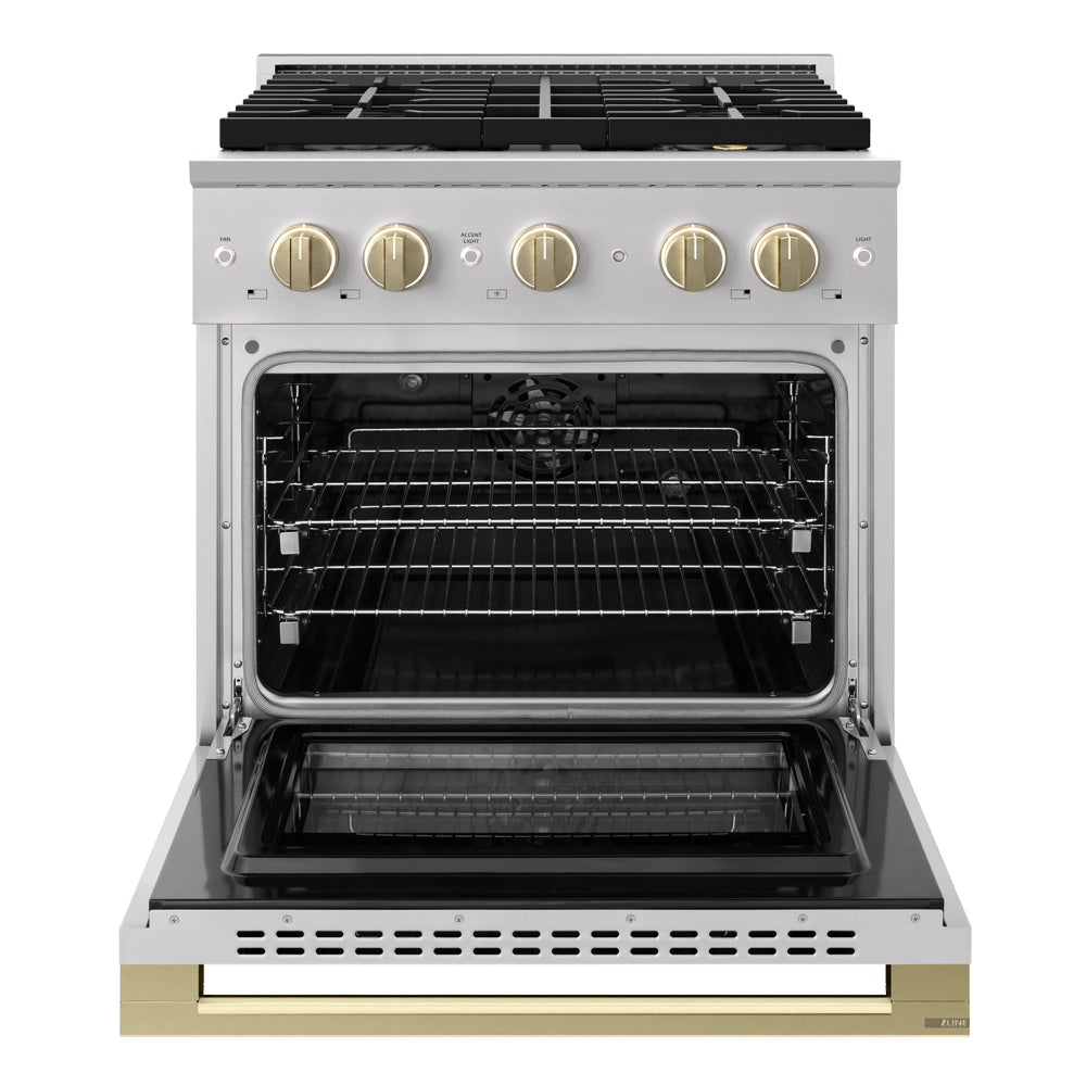 ZLINE Autograph 30 in. 4.2 cu. ft. Marino Dual Fuel Range with 4 Burner DuoPro™ Cooktop and Electric Convection Oven in Stainless Steel and Champagne Bronze Accents, PMDRZ-30-CB - Front View with Oven Door Open