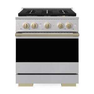ZLINE Autograph 30 in. 4.2 cu. ft. Marino Dual Fuel Range with 4 Burner DuoPro™ Cooktop and Electric Convection Oven in Stainless Steel and Champagne Bronze Accents, PMDRZ-30-CB - Front View