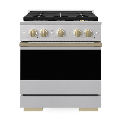 ZLINE Autograph 30 in. 4.2 cu. ft. Marino Dual Fuel Range with 4 Burner DuoPro™ Cooktop and Electric Convection Oven in Stainless Steel and Champagne Bronze Accents, PMDRZ-30-CB - Front View