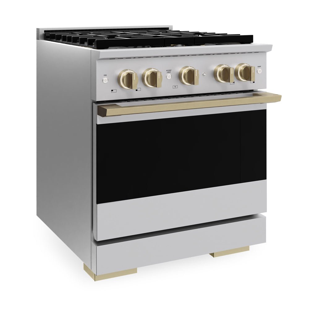 ZLINE Autograph 30 in. 4.2 cu. ft. Marino Dual Fuel Range with 4 Burner DuoPro™ Cooktop and Electric Convection Oven in Stainless Steel and Champagne Bronze Accents, PMDRZ-30-CB - Side View