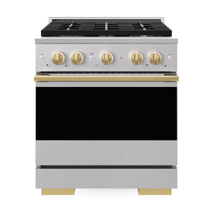 ZLINE Marino Autograph Edition 30-Inch 4.2 cu. ft. Dual Fuel Range, 4 Brass Burner DuoPro™ Cooktop, Convection Oven, Stainless Steel with Polished Gold Accents, PMDRZ-30-G