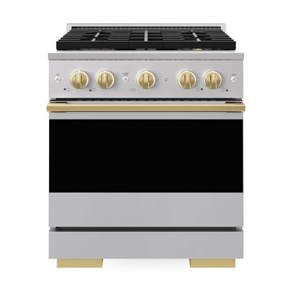 ZLINE Marino Autograph Edition 30-Inch 4.2 cu. ft. Dual Fuel Range, 4 Brass Burner DuoPro™ Cooktop, Convection Oven, Stainless Steel with Polished Gold Accents, PMDRZ-30-G