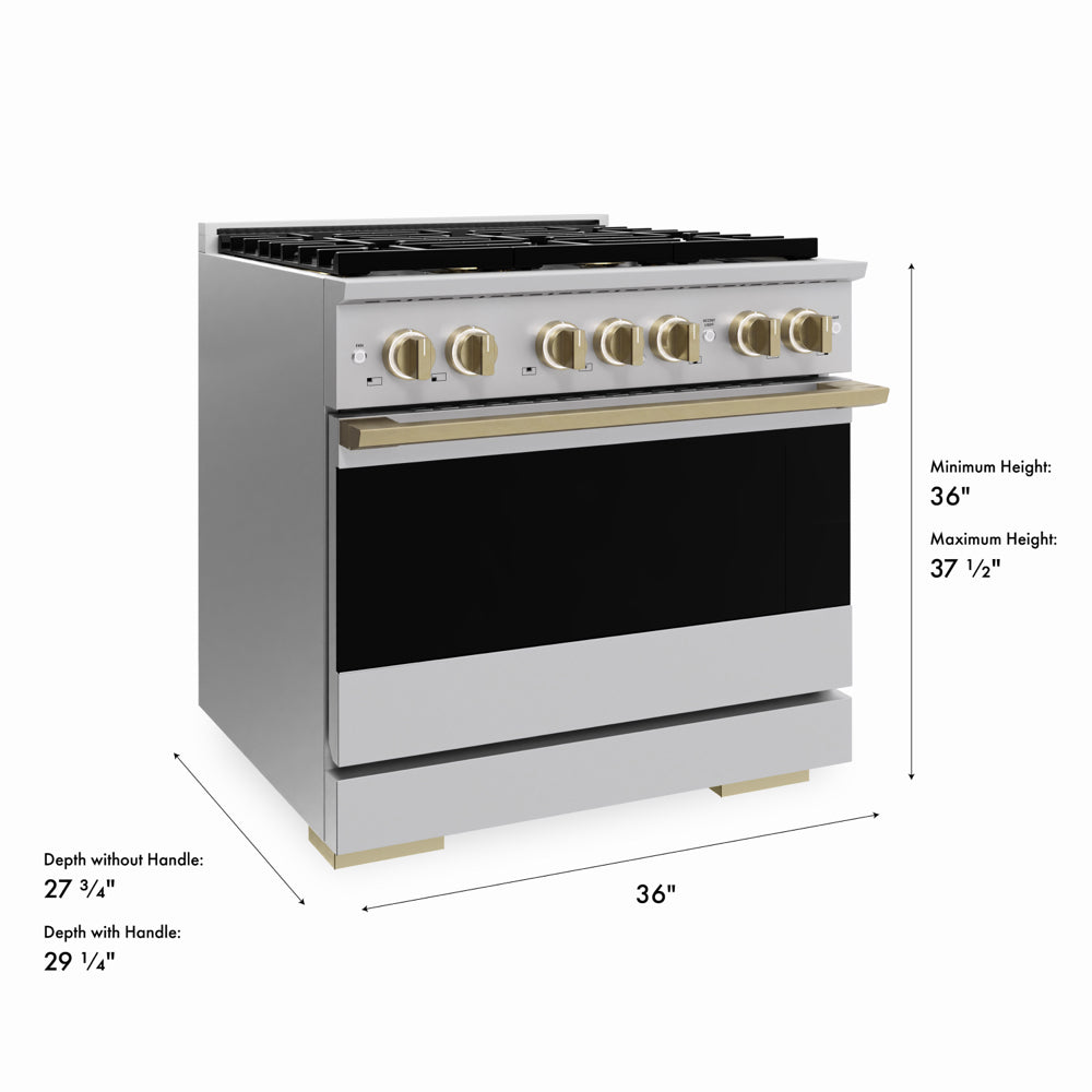 ZLINE Autograph 36 in. 5.2 cu. ft. Marino Dual Fuel Range with 6 Burner DuoPro™ Cooktop and Electric Convection Oven in Stainless Steel and Champagne Bronze Accents, PMDRZ-36-CB - Dimensions Diagram