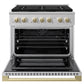 ZLINE Autograph 36 in. 5.2 cu. ft. Marino Dual Fuel Range with 6 Burner DuoPro™ Cooktop and Electric Convection Oven in Stainless Steel and Champagne Bronze Accents, PMDRZ-36-CB - Front View with Oven Door Open