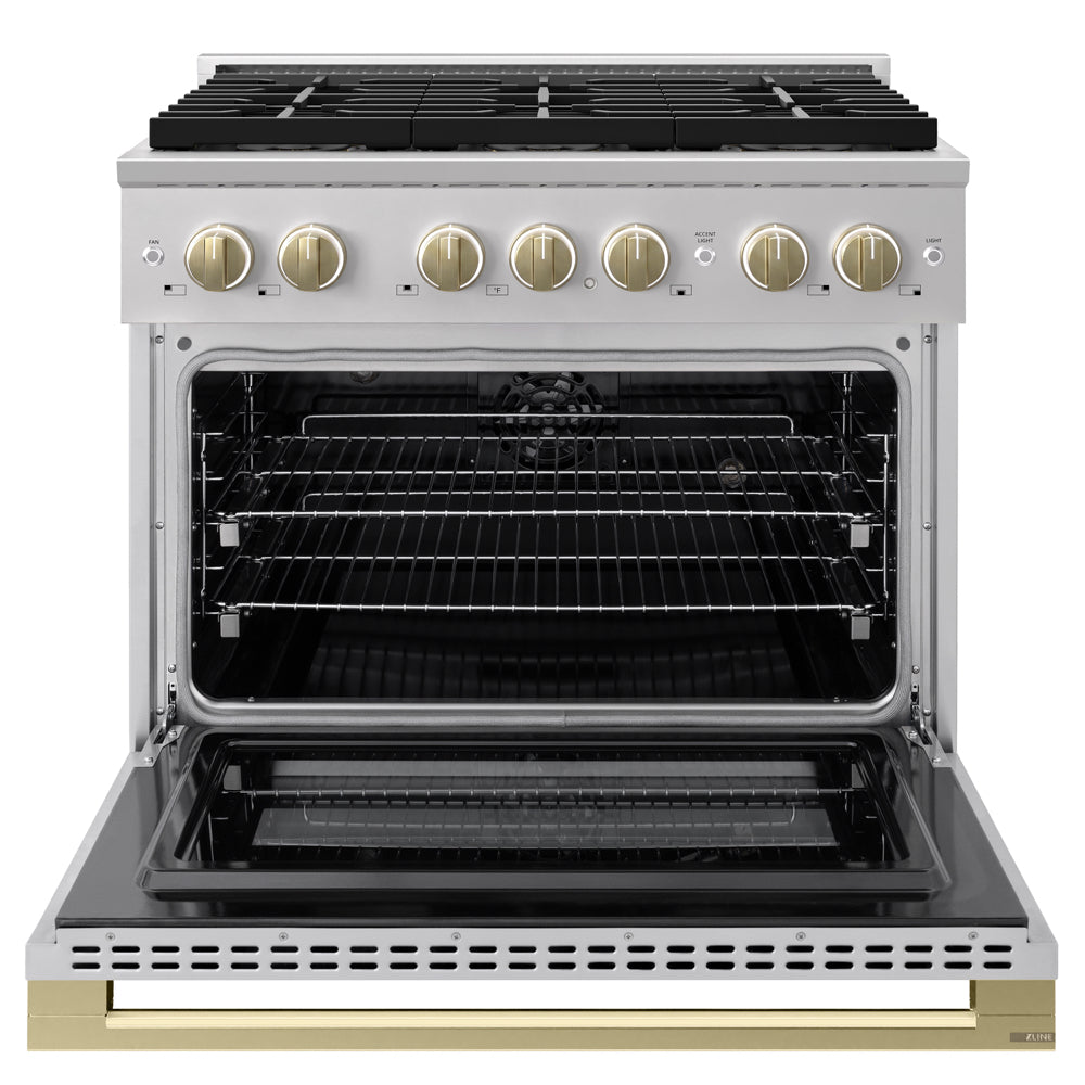 ZLINE Autograph 36 in. 5.2 cu. ft. Marino Dual Fuel Range with 6 Burner DuoPro™ Cooktop and Electric Convection Oven in Stainless Steel and Champagne Bronze Accents, PMDRZ-36-CB - Front View with Oven Door Open