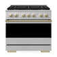 ZLINE Autograph 36 in. 5.2 cu. ft. Marino Dual Fuel Range with 6 Burner DuoPro™ Cooktop and Electric Convection Oven in Stainless Steel and Champagne Bronze Accents, PMDRZ-36-CB - Front View