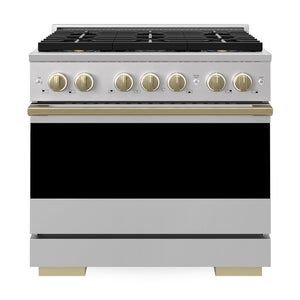 ZLINE Autograph 36 in. 5.2 cu. ft. Marino Dual Fuel Range with 6 Burner DuoPro™ Cooktop and Electric Convection Oven in Stainless Steel and Champagne Bronze Accents, PMDRZ-36-CB - Front View