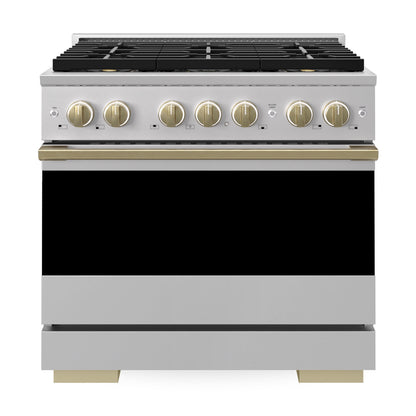 ZLINE Autograph 36 in. 5.2 cu. ft. Marino Dual Fuel Range with 6 Burner DuoPro™ Cooktop and Electric Convection Oven in Stainless Steel and Champagne Bronze Accents, PMDRZ-36-CB - Front View