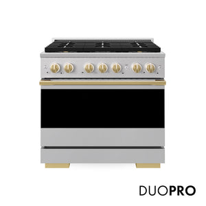 ZLINE Marino Autograph Edition 36-Inch 5.2 cu. ft. Dual Fuel Range, 6 Brass Burner DuoPro™ Cooktop, Convection Oven, Stainless Steel with Polished Gold Accents, PMDRZ-36-G