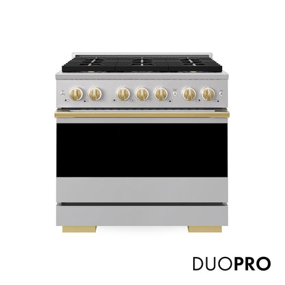ZLINE Marino Autograph Edition 36-Inch 5.2 cu. ft. Dual Fuel Range, 6 Brass Burner DuoPro™ Cooktop, Convection Oven, Stainless Steel with Polished Gold Accents, PMDRZ-36-G
