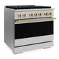 ZLINE Marino Autograph Edition 36-Inch 5.2 cu. ft. Dual Fuel Range, 6 Brass Burner DuoPro™ Cooktop, Convection Oven, Stainless Steel with Polished Gold Accents, PMDRZ-36-G